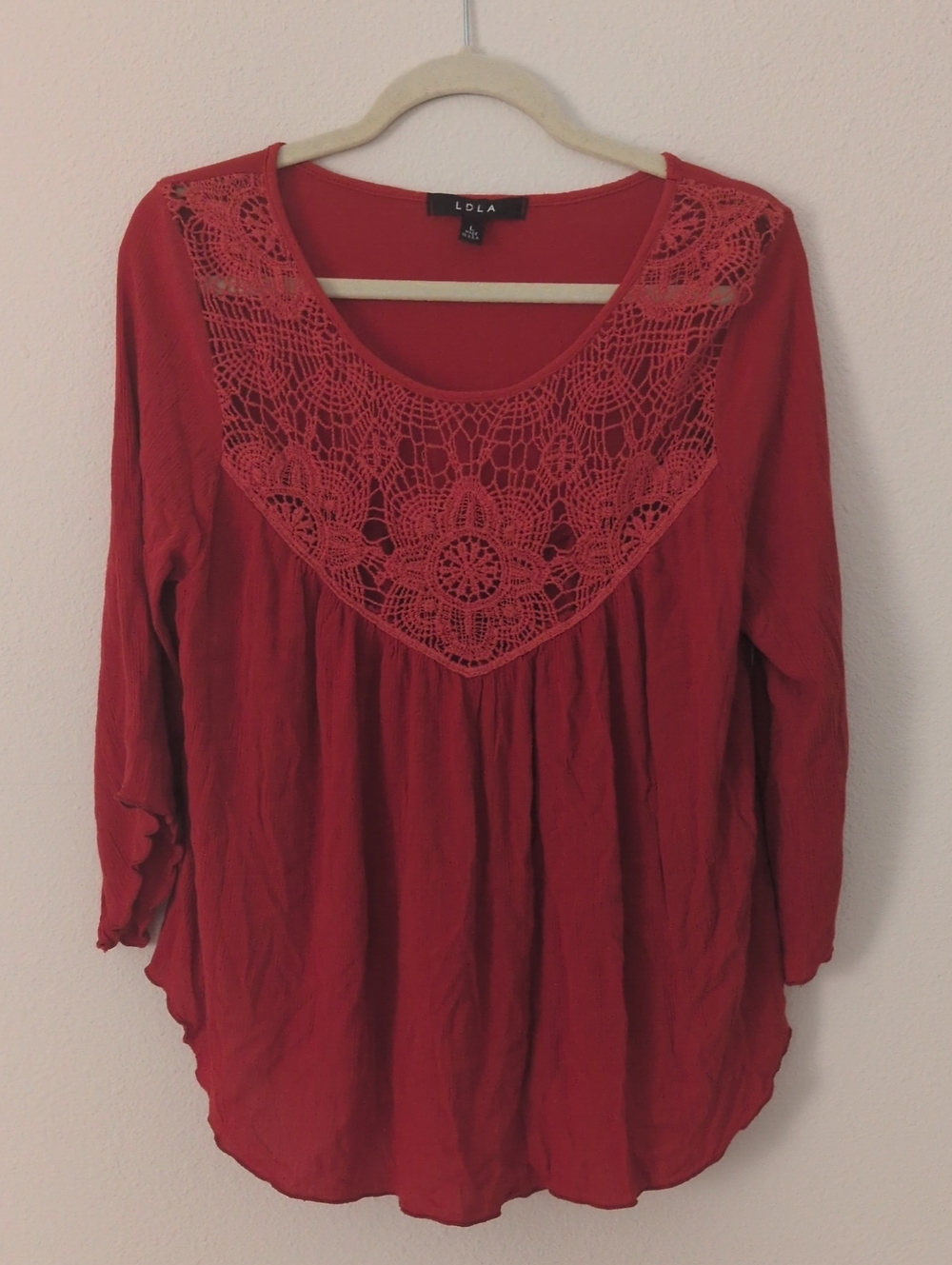 LDLA Red Lace Accent Blouse Size Large